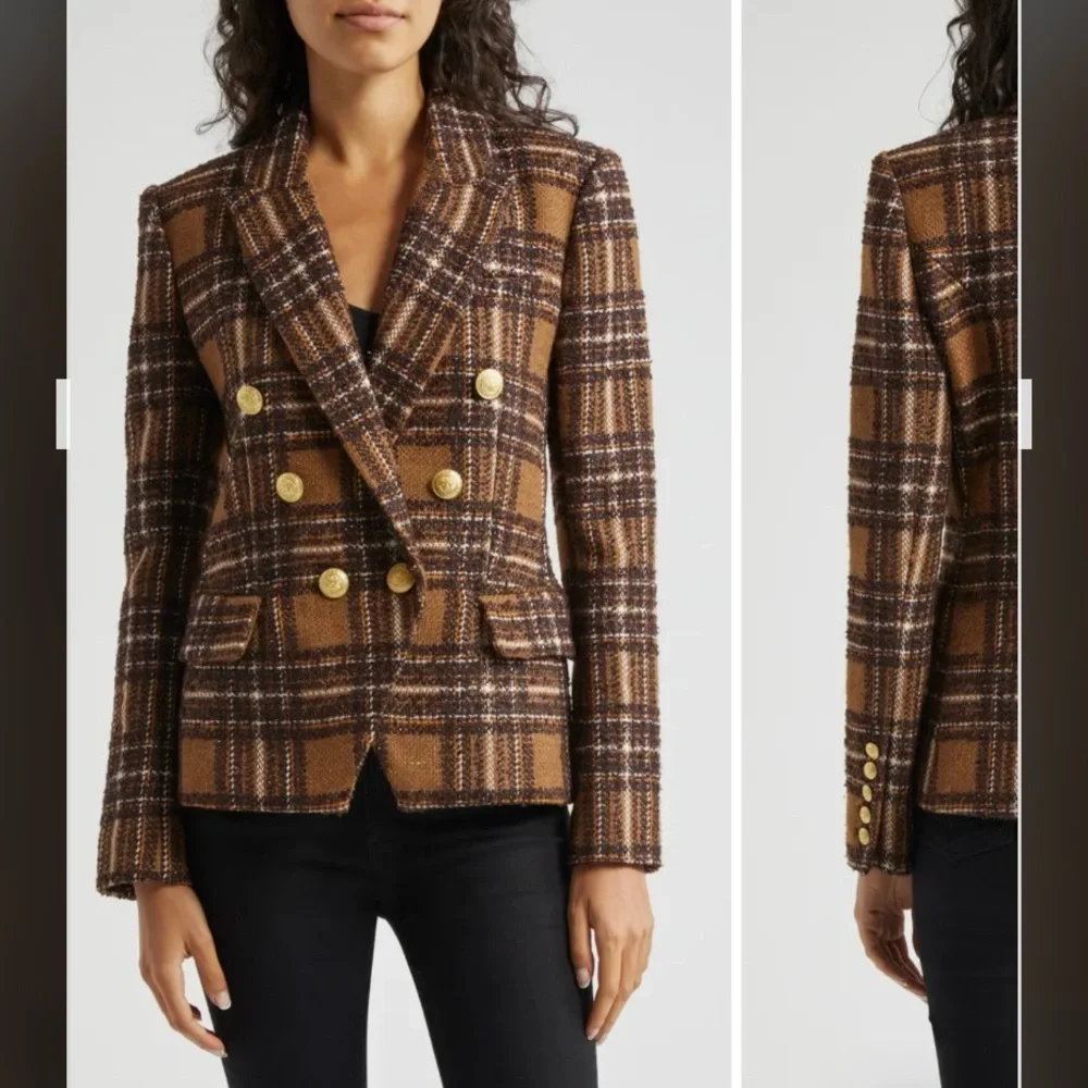 L'AGENCE Kenzie Plaid Tweed Double-Breasted Blazer in Brown / Gold Size 6 - Picture 5 of 15